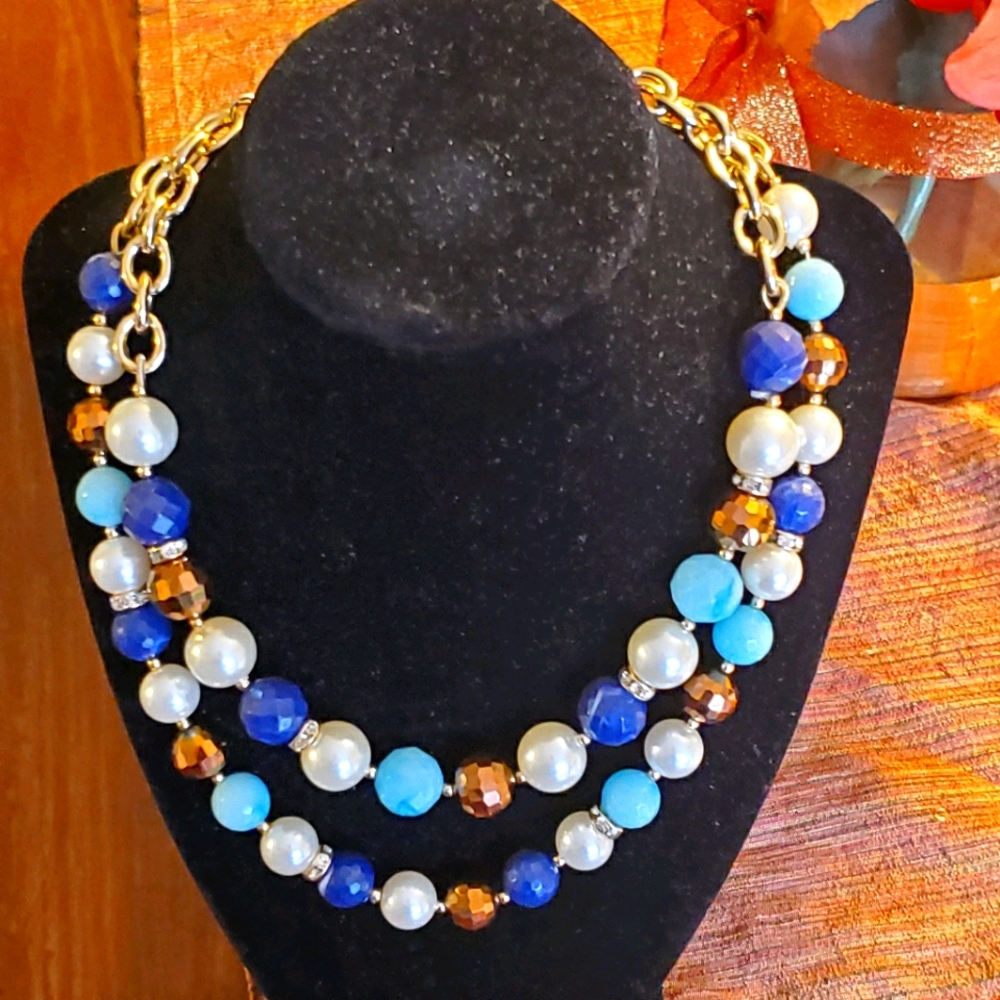 Bill Blass goldtone blue beads faux pearl necklace